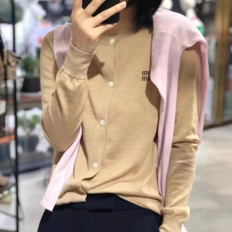 2023-Popular-Women-s-Cashmere-Fashion-Korean-Embroidery-Letter-O-Neck-Cashmere-Cardigan-Women-s-Soft 2023 Popular Women's Cashmere Fashion Korean Embroidery Letter O-Neck Cashmere Cardigan Women's Soft Autumn and Winter Casual Ca - Image 1