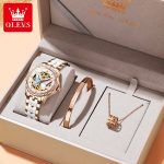 OLEVS Mechanical Watch for Women Ceramic Blue strap Original Wristwatch Skeleton Automatic Diamond Elegant Ladies Watches Set - Image 2