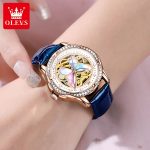 OLEVS Mechanical Watch for Women Ceramic Blue strap Original Wristwatch Skeleton Automatic Diamond Elegant Ladies Watches Set - Image 3