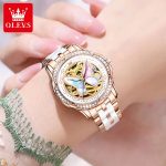 OLEVS Mechanical Watch for Women Ceramic Blue strap Original Wristwatch Skeleton Automatic Diamond Elegant Ladies Watches Set - Image 6