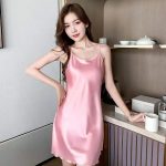 Solid Color Sexy Pajamas Women's Silk Thin Suspender Nightdress Pink Nightgown Women Night Wear Lace Sleepwear