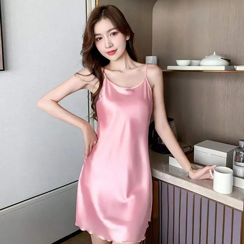 Solid-Color-Sexy-Pajamas-Women-s-Silk-Thin-Suspender-Nightdress-Pink-Nightgown-Women-Night-Wear-Lace Solid Color Sexy Pajamas Women's Silk Thin Suspender Nightdress Pink Nightgown Women Night Wear Lace Sleepwear - Image 1