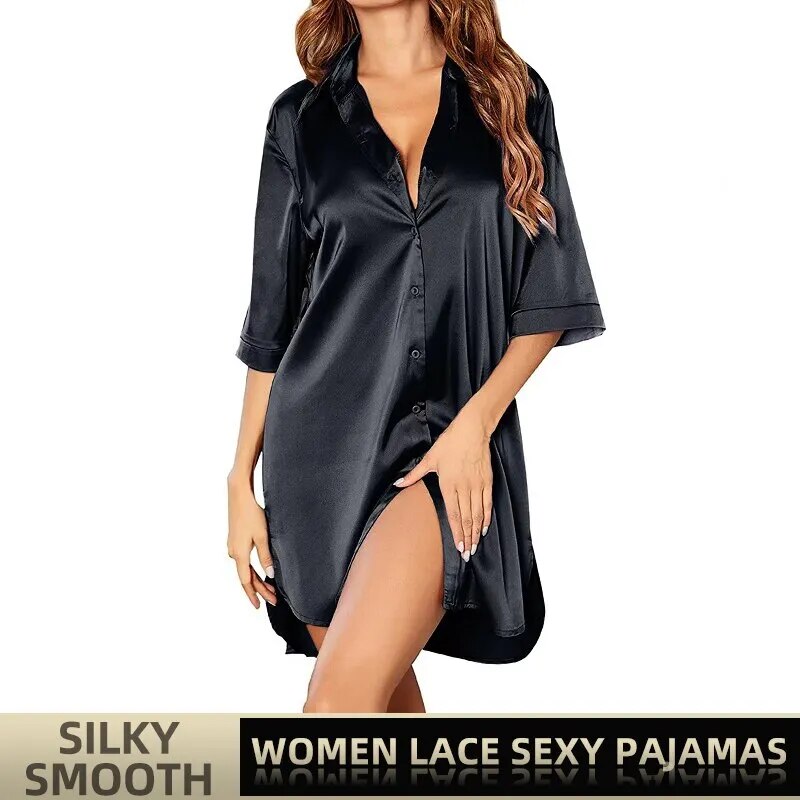 Women-Ice-Silk-Pajamas-Nightgowns-Sleepwear-Nightdress-Short-Sleeved-Shirt-Black-M-L-XL-V-Neck Women Ice Silk Pajamas Nightgowns Sleepwear Nightdress Short Sleeved Shirt Black M L XL V Neck Smooth Sexy Casual Fashion - Image 1