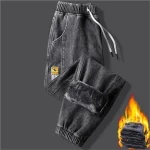 2023New Men's jeans Winter Fleece Jeans Thick Warm Denim Pants Men Streetwear Black Joggers Harem Jean Thermal Trousers - Image 2