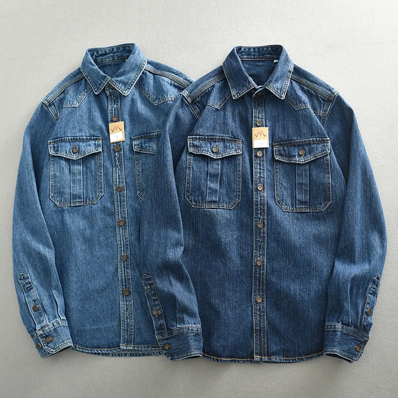 Heavyweight-Retro-Casual-Wear-Men-s-Shirt-Coat-Washed-Denim-Blouse-Cargo-Jeans-Oversized-Tops-Wear Heavyweight Retro Casual Wear Men's Shirt Coat Washed Denim Blouse Cargo Jeans Oversized Tops Wear-resistant Clothing Loose - Image 1