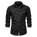 Men's Denim Shirt High Qualituy Elastic Cotton Long Sleeve Shirt Black Casual Slim Clothing Navy Blue Mens Fashion Shirt 2023 - Image 3