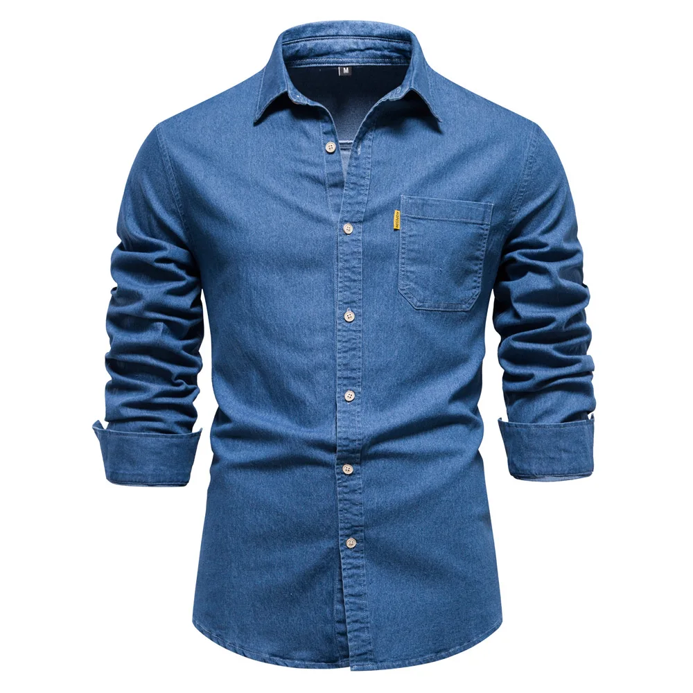 New-Autumn-Cotton-Denim-Shirt-Men-Long-Sleeve-Solid-Color-Casual-Slim-Fit-Shirt-Mens-Designer New Autumn Cotton Denim Shirt Men Long Sleeve Solid Color Casual Slim Fit Shirt Mens Designer Clothing Cowboy Shirts For Men - Image 1