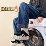 Winter New Men's Warm Plush Straight Tube Fit Jeans Men Loose Korean Fashion Thicken Trousers Fleece Brand Pants Black Blue - Image 3