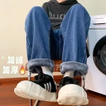 Winter New Men's Warm Plush Straight Tube Fit Jeans Men Loose Korean Fashion Thicken Trousers Fleece Brand Pants Black Blue - Image 4