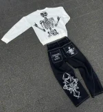 Y2K Jeans Mens Hip Hop Retro Skull Embroidery Washed Baggy Denim Pants New Straight Casual Loose Wide Leg Trouser Streetwear - Image 6