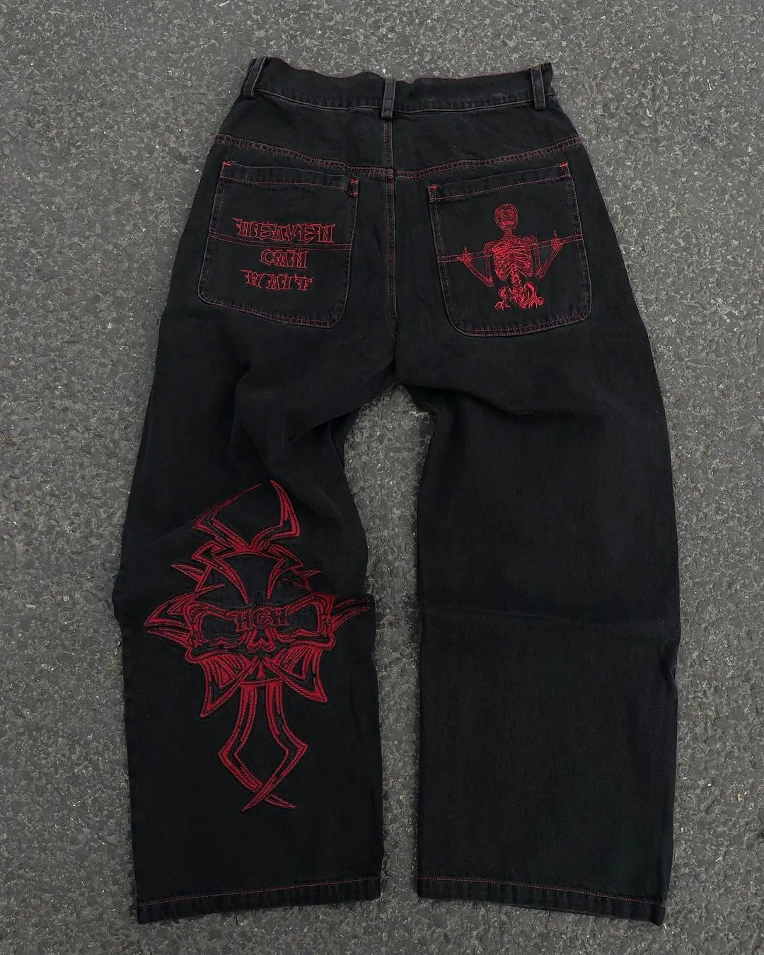 Y2K-Jeans-Mens-Hip-Hop-Retro-Skull-Embroidery-Washed-Baggy-Denim-Pants-New-Straight-Casual-Loose Y2K Jeans Mens Hip Hop Retro Skull Embroidery Washed Baggy Denim Pants New Straight Casual Loose Wide Leg Trouser Streetwear - Image 1